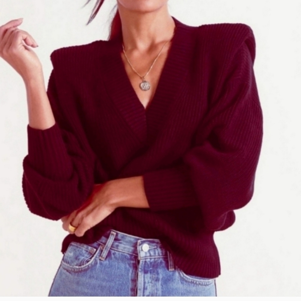 PISTOLA Evereve Merlot Red Slouchy V-Neck Ribbed Cableknit Sweater